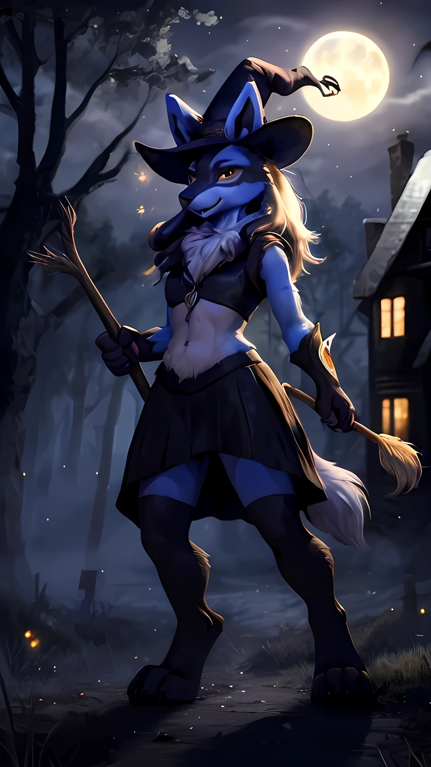 photorealestic, detailed background, spooky forest, foggy night, Full moon illuminates the scene, outside, Halloween-Thema, hanging bats, krystal from starfox, krystal, standing, (elegant and curvy figure), (smooth blue fur), (striking green eyes:1.2), Claw paws, pink paw pads, long pointed ears, (Sharp fangs:1.1), frightening yet seductive aura, She is wearing a Halloween costume(decorated with orange and black colors), (sparkling witch hat on the head), (magic broom in hand), determined expression