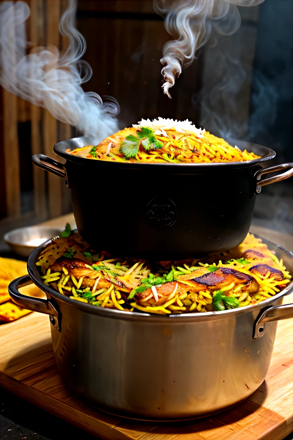Realistic closeup of a chicken biryani in a pot smoke coming out of it