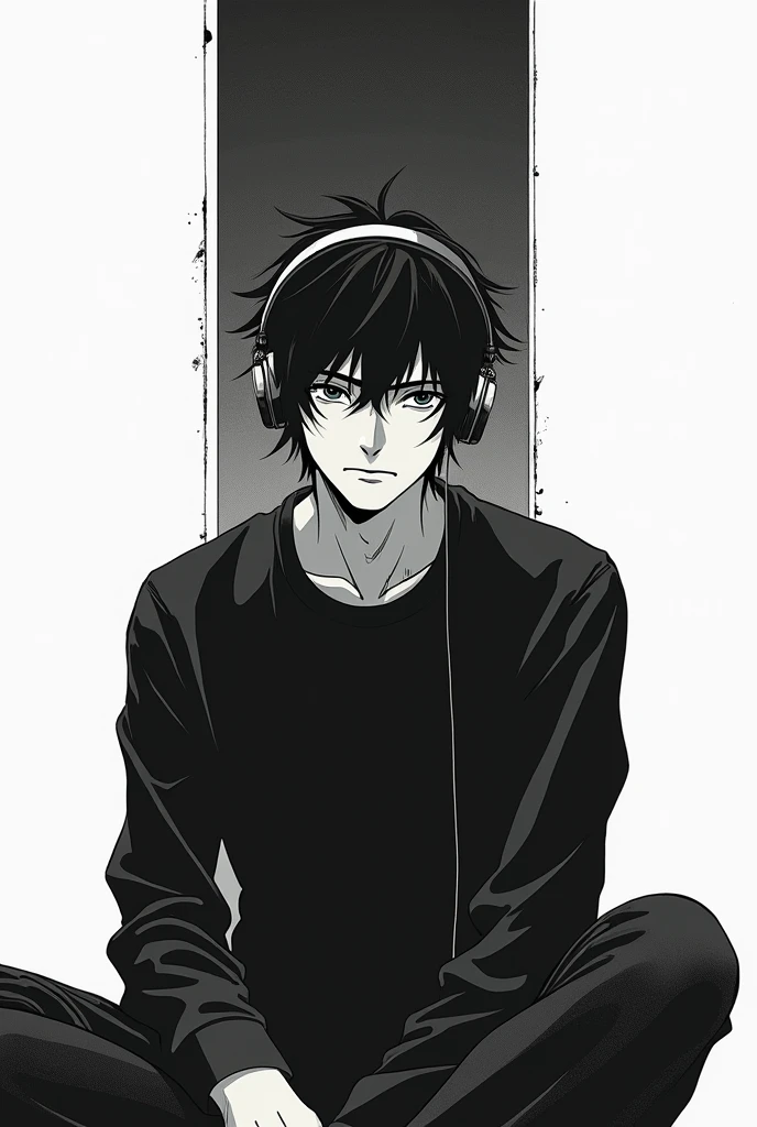 make a black and white manga art, about a lonely 19 year old boy, listening to music