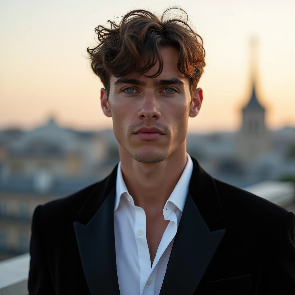 Elegant Evening Attire:
A close-up DSLR photo of a 22-year-old Italian boy with blue eyes, dressed in an elegant French evening attire—a tailored black blazer, white dress shirt, and an open collar, with messy hair, on a Parisian rooftop. The image captures the soft golden hour light, with no makeup, emphasizing the natural look and the fine details of the suit fabric against the backdrop of the Paris skyline.