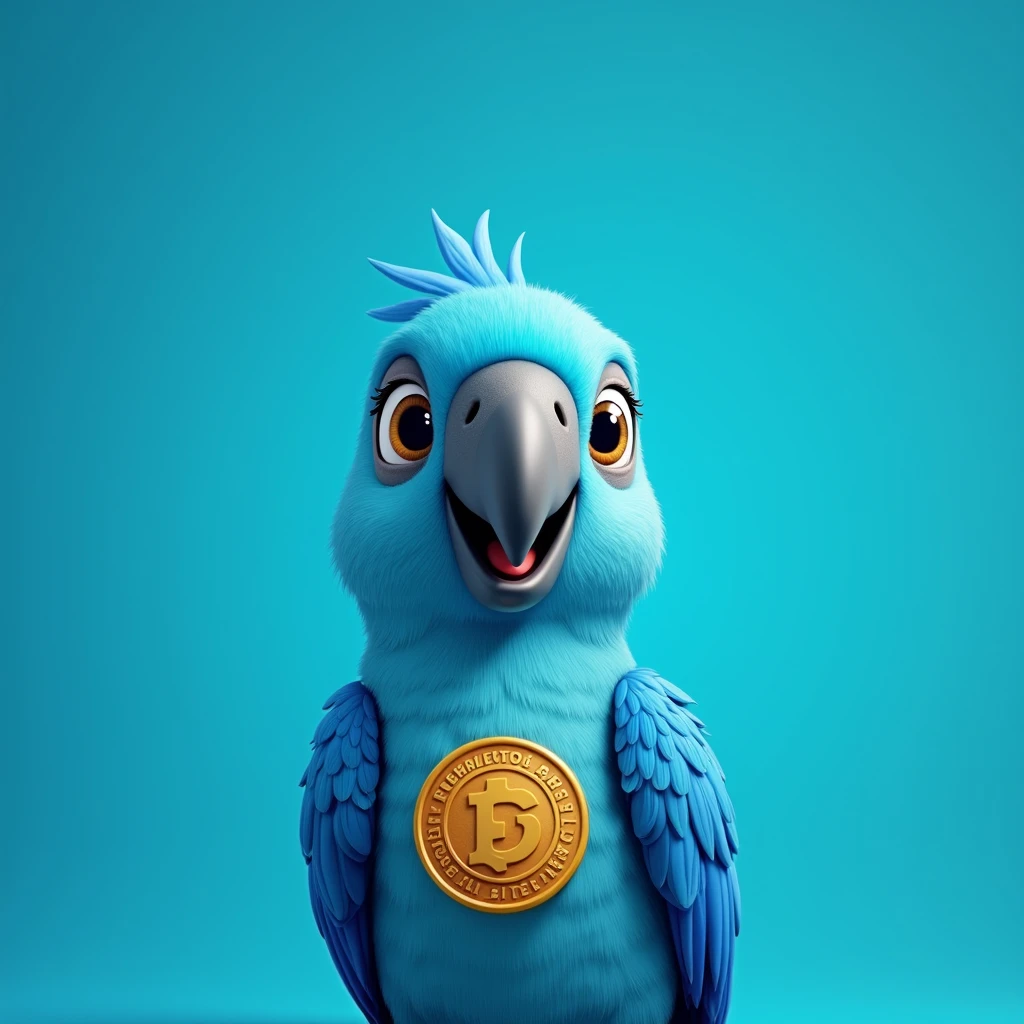 blue cute parrot , ton coin emblem , plain blue background , parrot ceo  