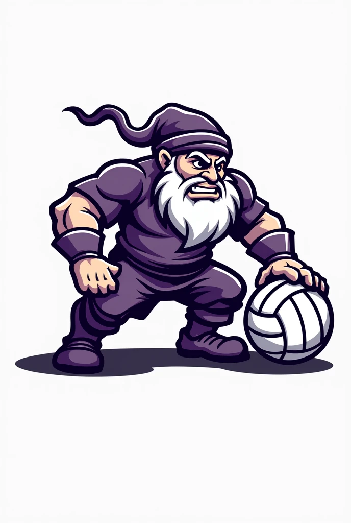 Create a morale boosting logo for my volleyball team using the colors purple and white, make a crouching dwarf, but without showing him too much with a volleyball in the logo