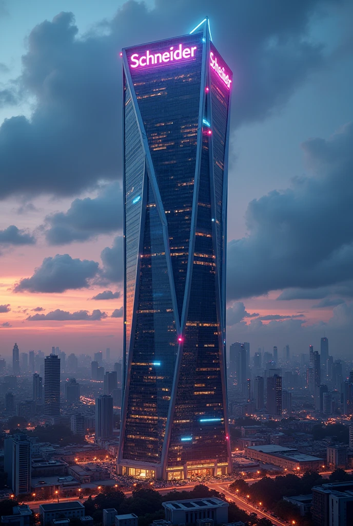 Very tall building that says Schneider on top with LED lights