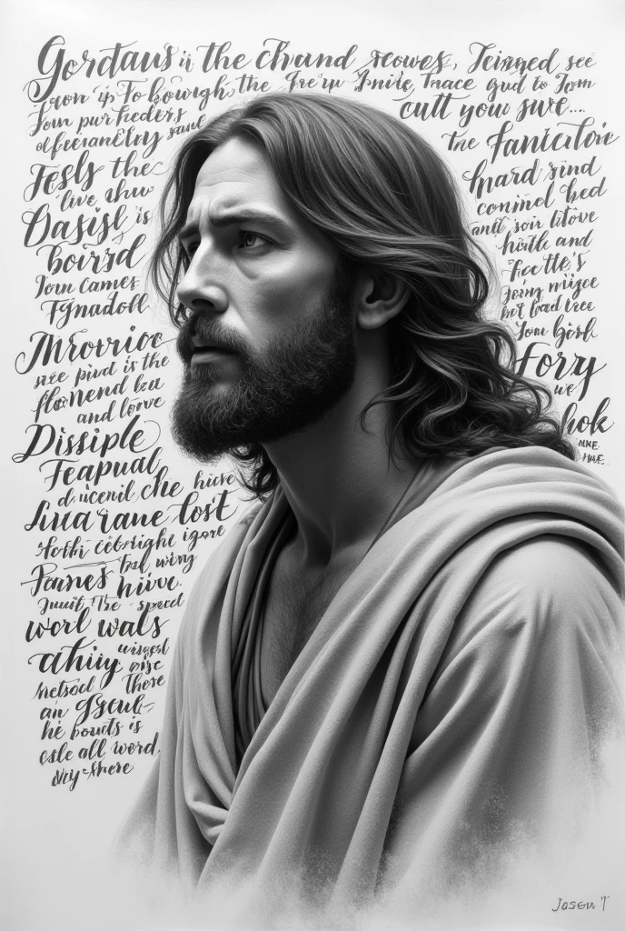 Bible verses in graphite writing with a drawing of the disciple or place of passage.