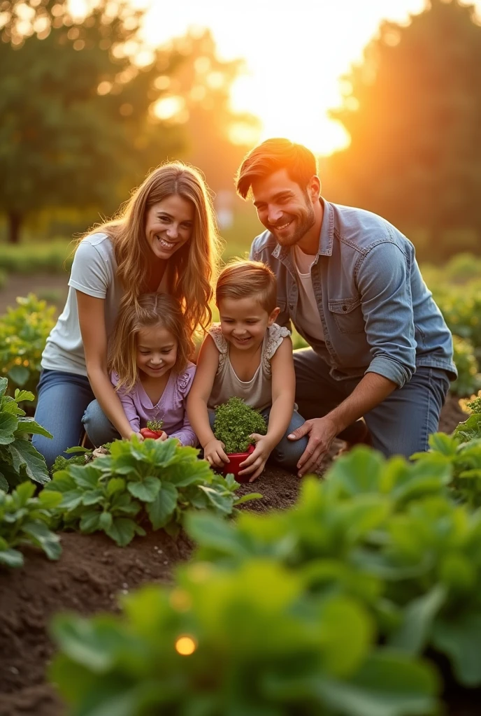 commercial:
Image: A smiling family harvesting fresh vegetables from their garden, with a radiant sun in the background. With a mark behind Walter woods

