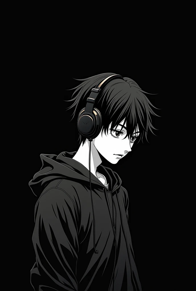 make a black and white manga art, about a lonely 19 year old boy, listening to music. with black background