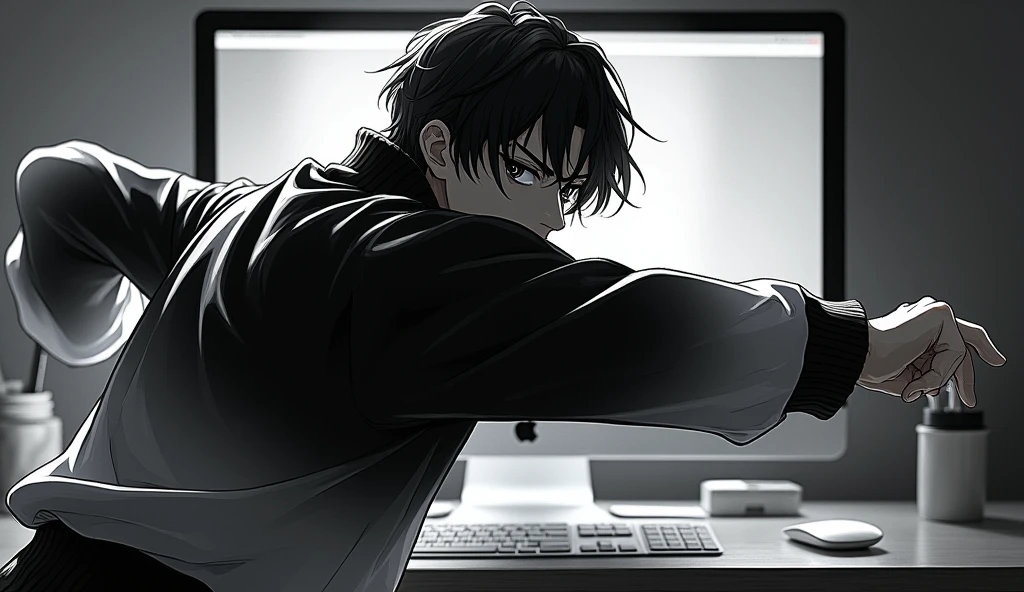 ((best qualityer)), ((work of art)), (detailded), Toji Fushiguro, black andwhite, ombro to ombro sweater, throwing, in front of the computer