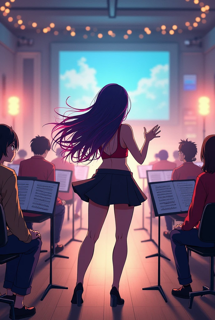 A panoramic view of a music rehearsal room with a voluptuous girl directing anime