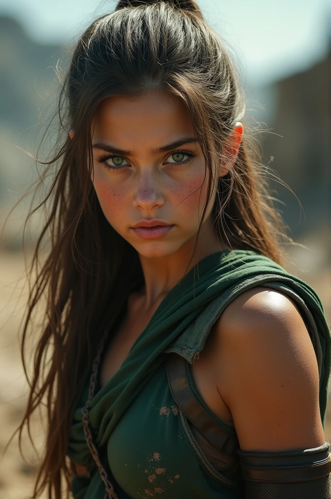 Female teenager, ,dark green eyes, fighter, long brown straight hair