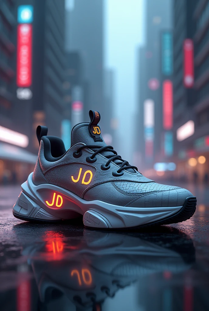 Create a futuristic sneaker model and put the initials jd on it