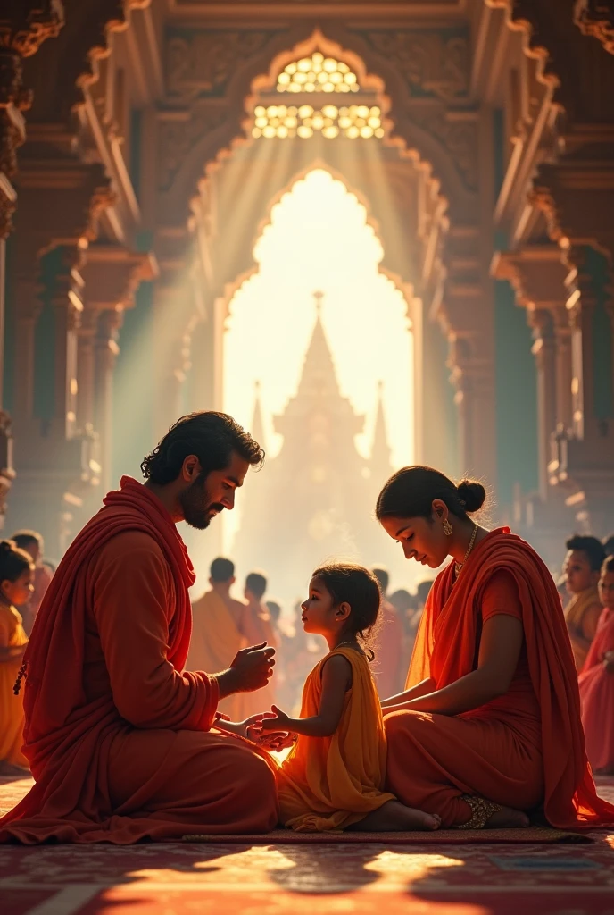 A family, consisting of parents and children, is praying together in a Hindu temple. The children's curiosity is clearly visible on their faces.