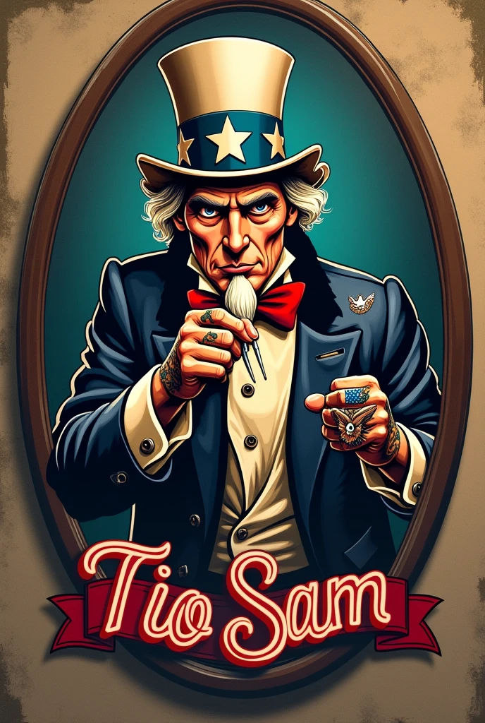 Create an image based on what will be used as the logo for a tattoo studio called "Tio Sam"
The idea is Uncle Sam being a tattoo artist holding a tattoo needle and on his body some tattoos, create it coming out of a mirror and below the image the name of the company above.