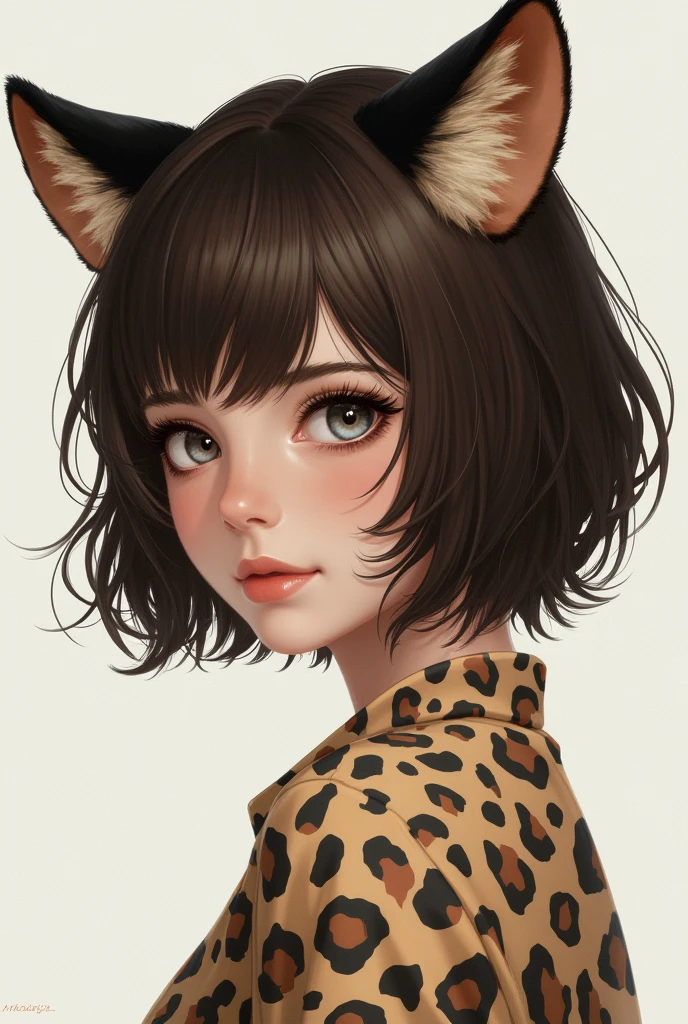 A 21-year-old girl with short brown hair to the middle of her neck and gray eyes, with leopard ears on her head, semi-realistic image