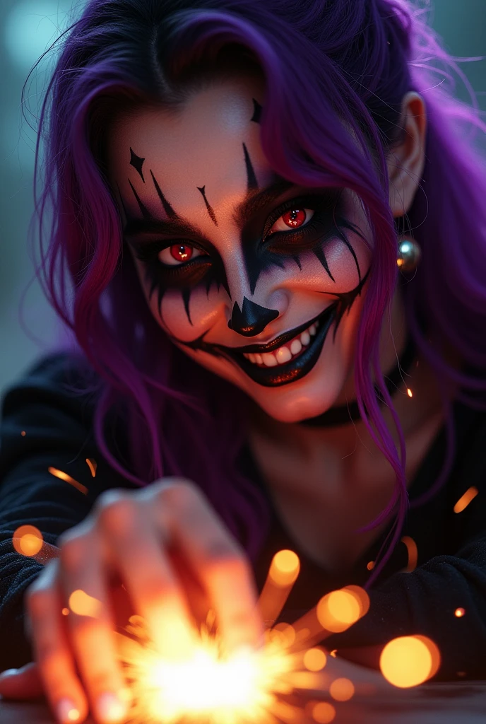 Woman with long purple hair, red pupils, black and white Mexican La Caterina make-up that looks like her mouth is sewn shut, glowing sparks in the foreground, photorealistic, leaning towards the camera and grinning cheekily