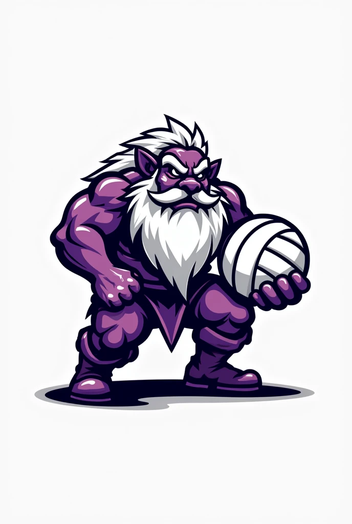 Create a morale boosting logo for my volleyball team using the colors purple and white, make a crouching dwarf, but without showing him too much with a volleyball in the logo