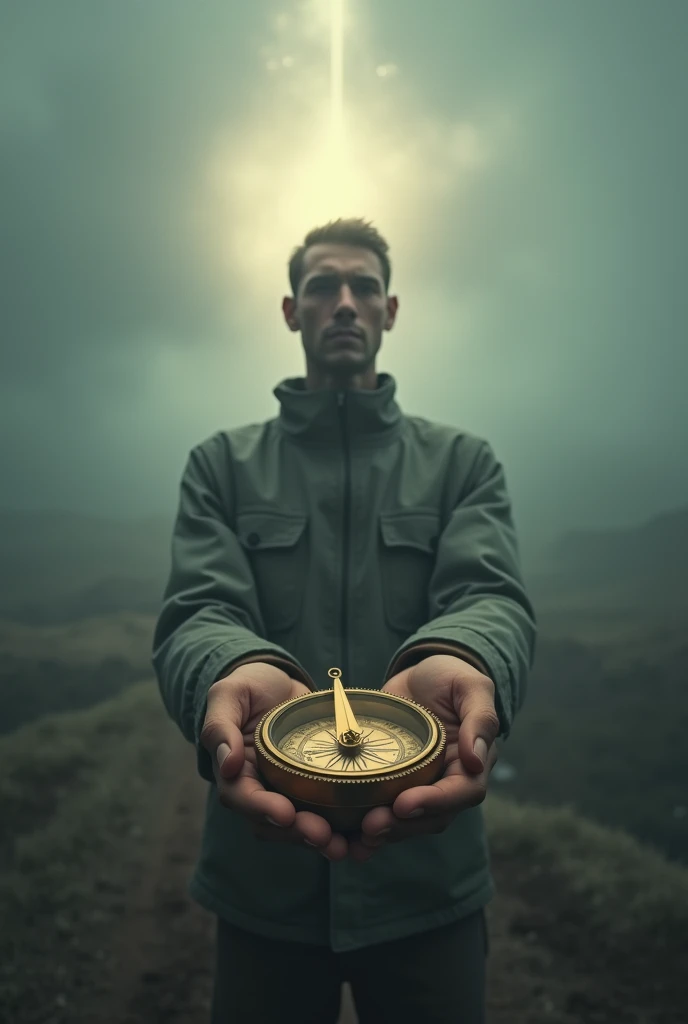 A person holding a compass, finding their direction in life.
* Description: The compass should point towards a bright light or a clear path, representing a newfound sense of purpose.