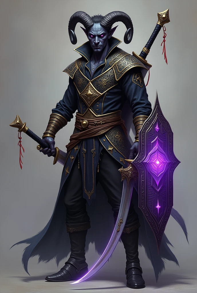 Tiefling male with very curly rams horns, charcoal-black skin. He has a dark-colored, button-less, sleeveless, gold-trimmed jacket and black trousers.He’s bracing to draw his intricately gold-engraved, curved sword named The Sword of Kas from a similarly designed scabbard on his hip. He also has a purple, glowing shield on his back and The Book of Vile Darkness on his other hip