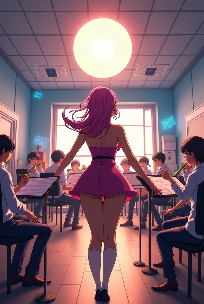 A panoramic view of a music rehearsal room with a voluptuous girl directing anime
