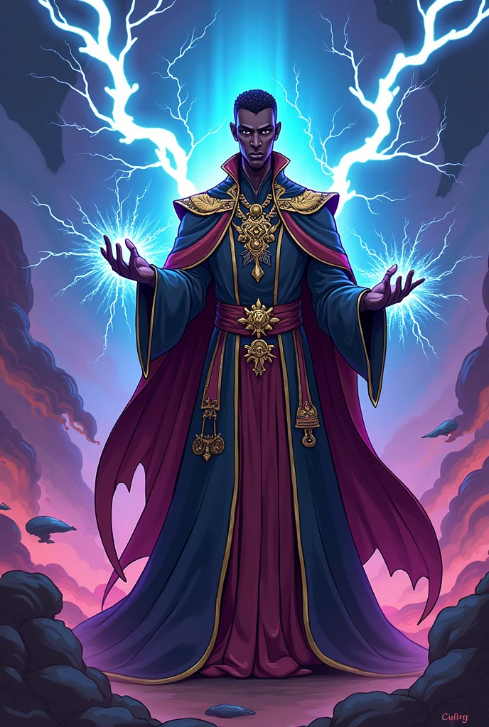 African male as a powerful myth wizard from Wizard 101 in yellow and blue. Wearing shoes and summoning medusa from Greek mythology

