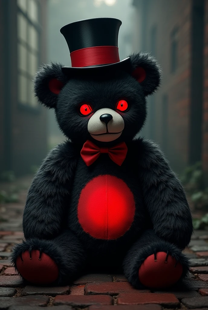 Black devil teddy bear has red eyes, a red circle on his belly, a red bow tie, a black top hat with a red stripe