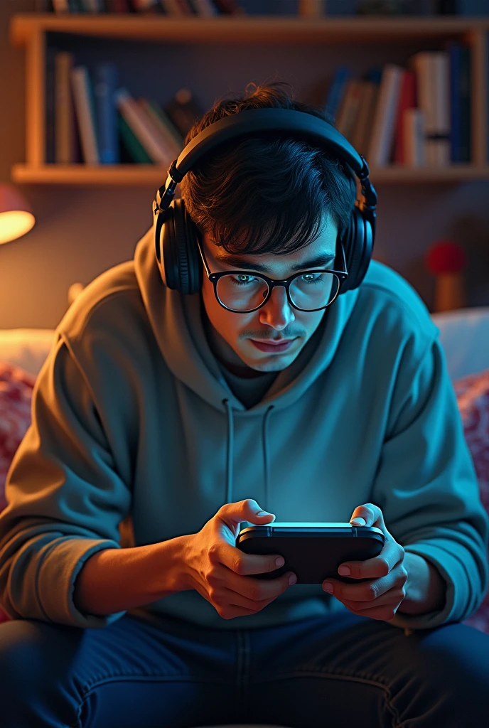Skinny gamer man with headphones and device