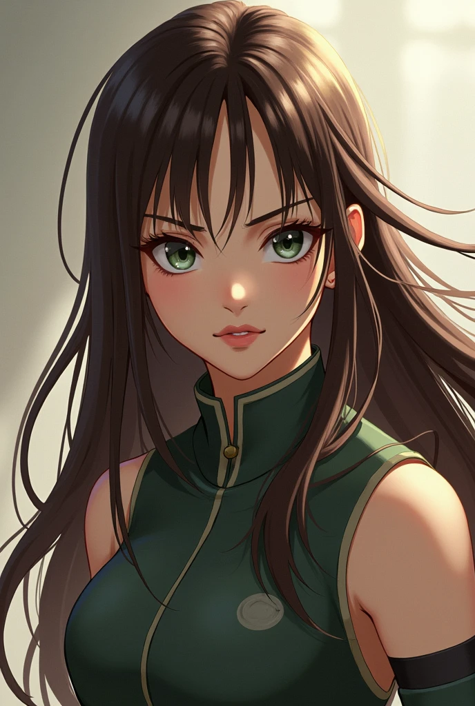 Female ager, ,dark green eyes, fighter, long brown straight hair Anime