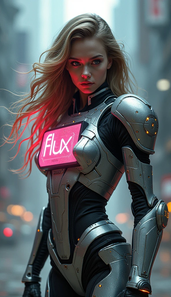 In a cyberpunk world, a stunning young woman with long flowing hair, clad in mechanized battle armor, holds a sign that reads "FLUX" on an electronic screen. The image appears to be a hyper-realistic digital painting, showcasing intricate details and vivid colors. The woman's armor glistens with neon lights and sleek metallic surfaces, contrasting with her soft, flowing hair. The screen she holds emits a luminescent glow, adding to the futuristic and captivating atmosphere of the scene. This high-quality image captures the essence of technological advancement and beauty in a dystopian setting, inviting viewers to delve into its captivating world.