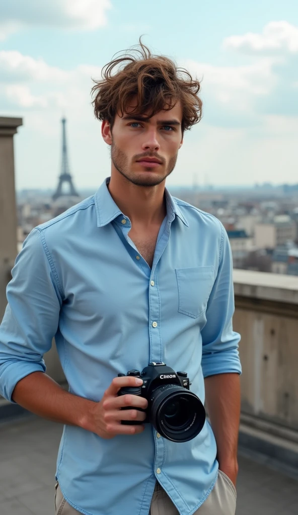 A close-up DSLR photo of a 22-year-old Italian boy with blue eyes, wearing a smart-casual ensemble—a light blue button-up shirt with rolled-up sleeves and slim-fit chinos—holding a DSLR camera like a photographer on a Parisian rooftop. His messy hair adds a casual vibe, and the natural light highlights the hyper-realistic details of his face and the camera. The background features the Paris skyline, creating a perfect blend of the city’s charm and the boy's focused expression as he prepares to capture the moment.
