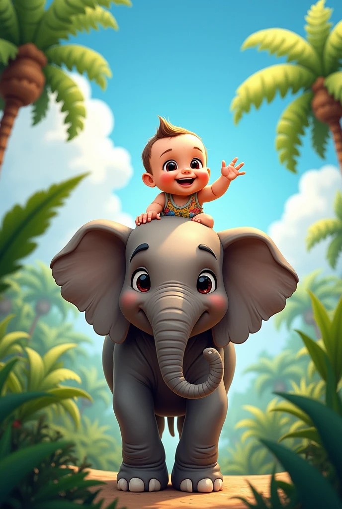 Baby sitting on an elephant with tropical backround
Baby waving hand