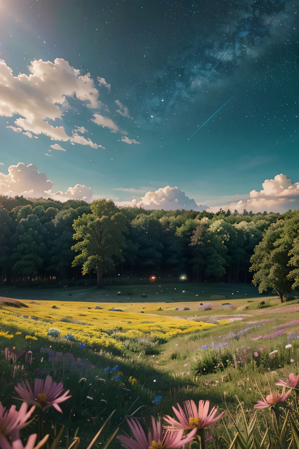 /imagine prompt: Viral anime nature wallpaper in 4K quality, in the style of Pixar 3D inspired by Toy Story, showcasing a lush meadow filled with colorful wildflowers, a clear blue sky with fluffy clouds, and a single majestic tree standing in the middle; bright and cheerful color temperature, cosmos lighting with stars twinkling in the sky, no human characters, the atmosphere is whimsical and joyfu best quality, ultra detail, 16K.