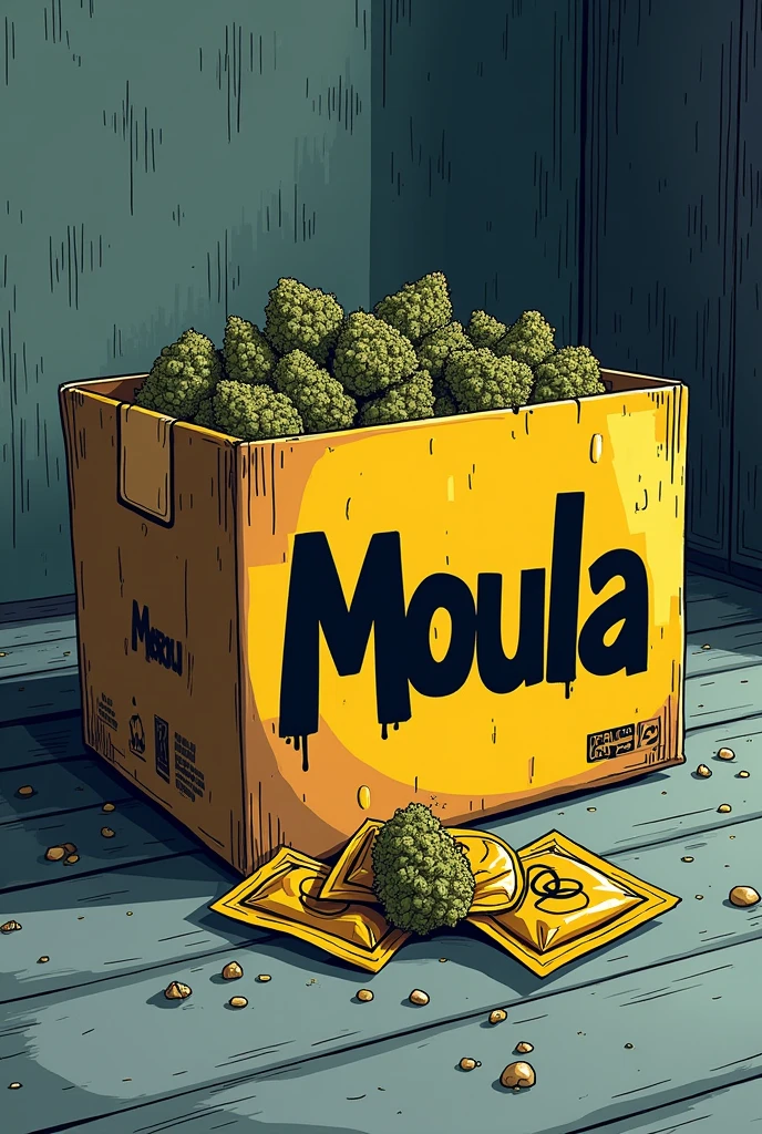 carton marron avec des sachets de weed avec ecrit moula en tag noir cartoon