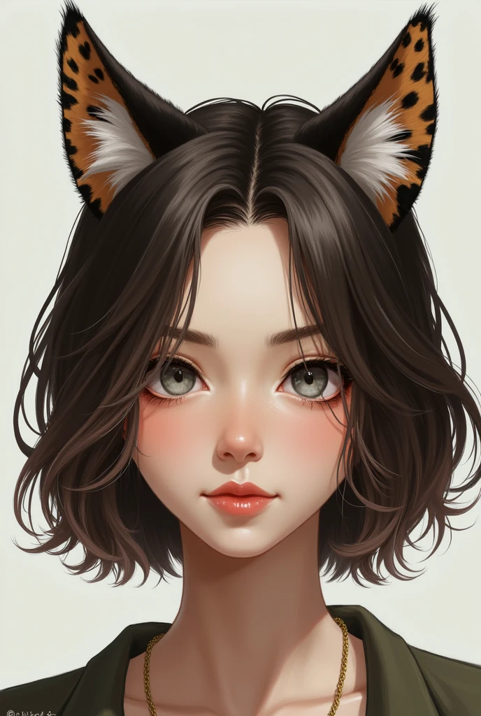 A 21-year-old girl with short brown hair to the middle of her neck and GRAY eyes, with leopard ears on her head, semi-realistic image
