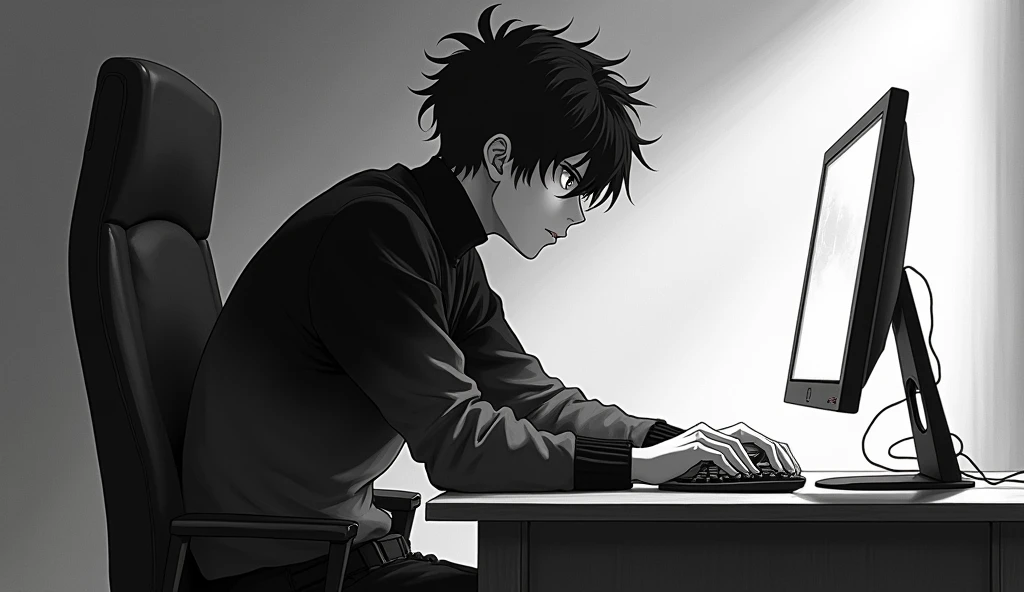 ((best qualityer)), ((work of art)), (detailded), Toji Fushiguro, black andwhite, ombro to ombro sweater, playing cs in front of the computer
