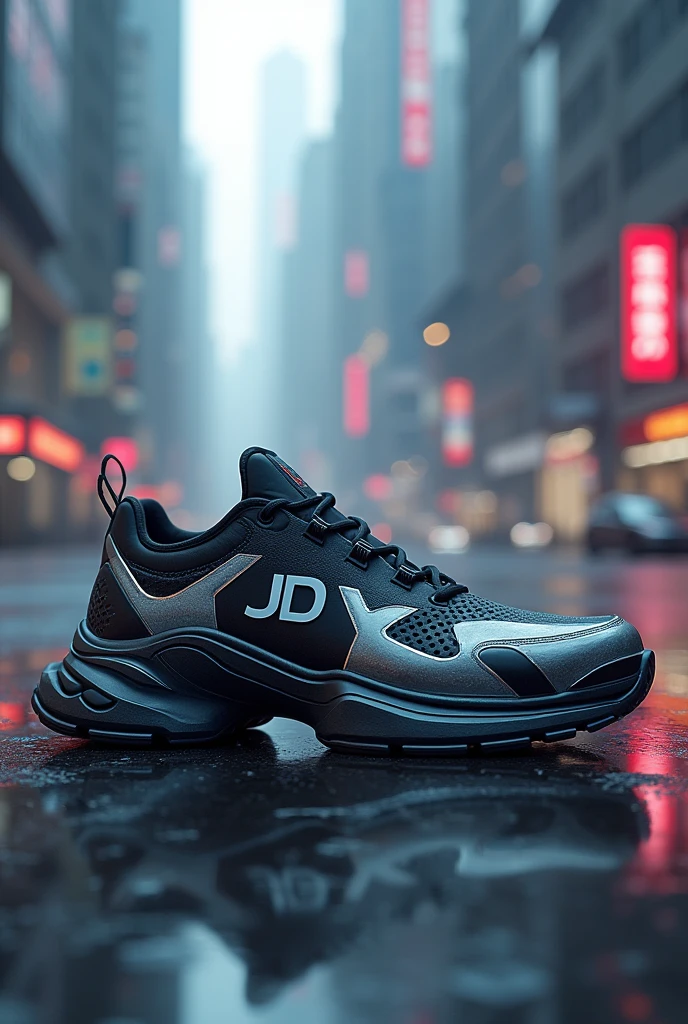 Create a futuristic sneaker model and put the initials jd on it