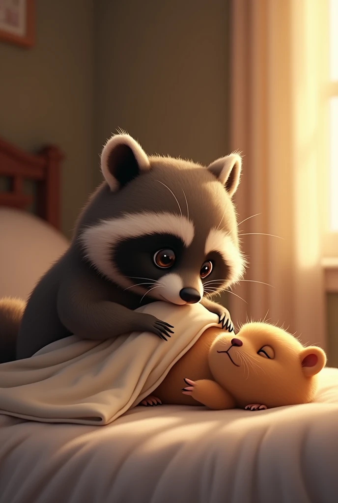 A male raccoon gently tucking in a female groundhog into bed, conveying a sense of love and care. The raccoon is carefully placing a blanket over the groundhog, who is lying comfortably in the bed. The scene is warm and tender, with soft lighting that highlights the affection and nurturing nature of the raccoon towards the groundhog.