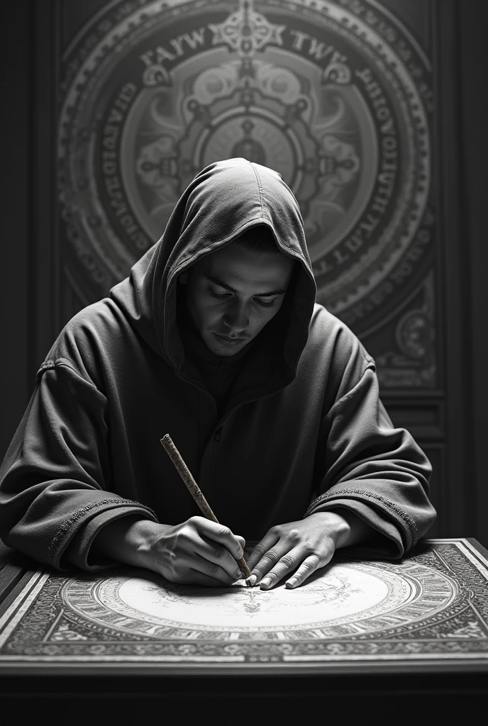 a disciple drawing in graphite,detailed religious text,detailed religious imagery,highly detailed,photorealistic,dramatic lighting,moody atmosphere,(best quality,8k,highres,masterpiece:1.2),chiaroscuro,dramatic shadows,sacred geometric patterns,ornate details,cinematic composition