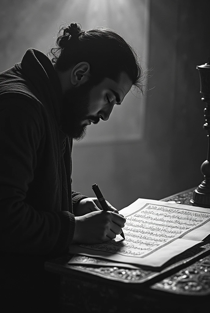 a disciple drawing in graphite,detailed religious text,detailed religious imagery,highly detailed,photorealistic,dramatic lighting,moody atmosphere,(best quality,8k,highres,masterpiece:1.2),chiaroscuro,dramatic shadows,sacred geometric patterns,ornate details,cinematic composition