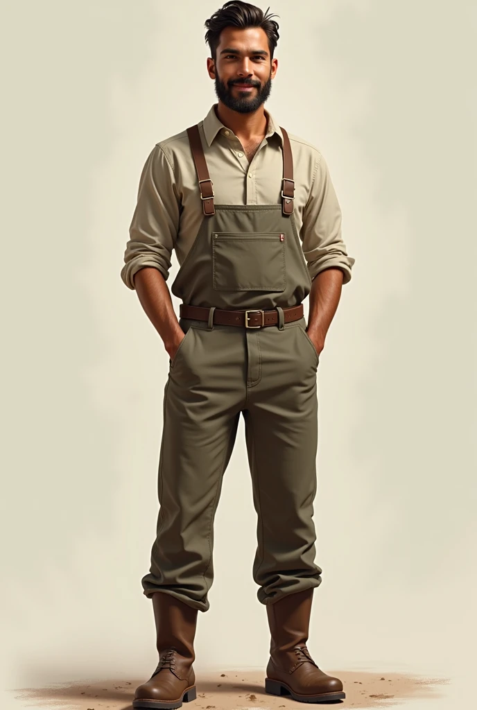 A young white Brazilian man with a beard wearing a simple farmer&#39;s outfit,  medium hair