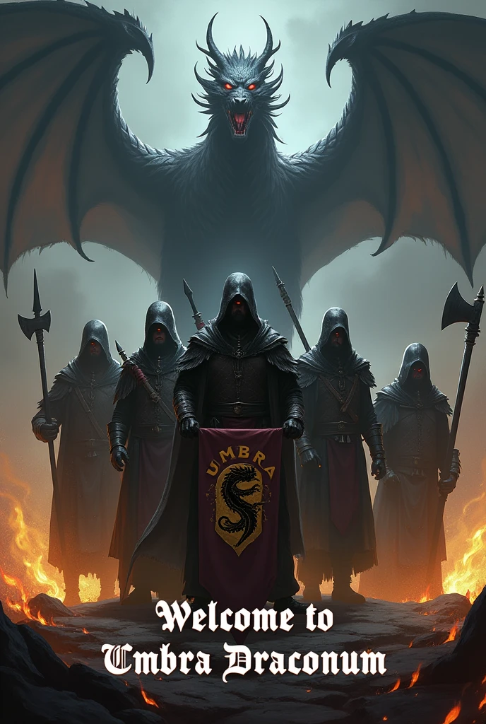 Create me an image with a dark and gloomy tone for a guild cover.
1. Place at the bottom of the image the following text "Welcome to Umbra Draconum". Centered text, first smaller the "Welcome to" and underneath larger and more imposing the text "Umbra Draconum".
2. Place 7 warriors in the style of World of Warcraft or Albion Online, wearing dark clothes and weapons such as axes, swords, ice and fire mage staffs, spears, bows and staffs.
3. The warrior in the center will hold a banner, with a dark yellow flag and a dark red v-shaped line in the middle, and in the center place the logo of a full black dragon. 
4. Place in the background flames coming out from the ground in shades of yellow and red, keeping that dark tone. 
5. From the bottom of everything should emerge the shadow of a very imposing oriental dragon, this dragon should be seen in its entirety above the banner and the 7 warriors.
Do not omit the text, it is very important.