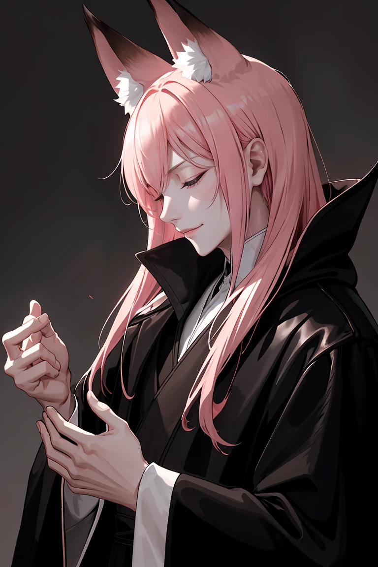 profile, upper body, from, ((masterpiece)), best quality, extremely detailed face, correct exposure, perfect lighting, depth of view, ((black and white chinese robe, overcoat,leather shoes,)), man, man with fox ears, fox tail, pink fox tail and pink ears, shoulder length hair, pink hair, slight smile, closed eyes, closed eyes, relaxed face, young man, sly, slightly creepy, backlight, reddish light, reddish tips of the ears and hair, CLOSED EYES, SMALL CREEP SMILE, contrasting red light, dark background, creepy atmosphere, blood on the cheek