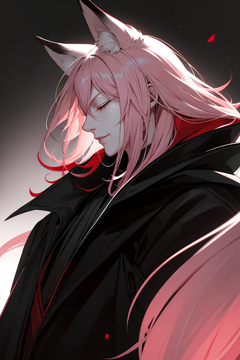 profile, upper body, from, ((masterpiece)), best quality, extremely detailed face, correct exposure, perfect lighting, depth of view, ((black and white chinese robe, overcoat,leather shoes,)), man, man with fox ears, fox tail, pink fox tail and pink ears, shoulder length hair, pink hair, slight smile, closed eyes, closed eyes, relaxed face, young man, sly, slightly creepy, backlight, reddish light, reddish tips of the ears and hair, CLOSED EYES, SMALL CREEP SMILE, contrasting red light, dark background, creepy atmosphere, blood on the cheek