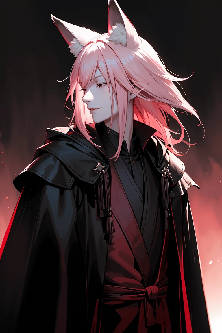 profile, upper body, from, ((masterpiece)), best quality, extremely detailed face, correct exposure, perfect lighting, depth of view, ((black and white chinese robe, overcoat,leather shoes,)), man, man with fox ears, fox tail, pink fox tail and pink ears, shoulder length hair, pink hair, slight smile, closed eyes, closed eyes, relaxed face, young man, sly, slightly creepy, backlight, reddish light, reddish tips of the ears and hair, CLOSED EYES, SMALL CREEP SMILE, contrasting red light, dark background, creepy atmosphere, blood on the cheek