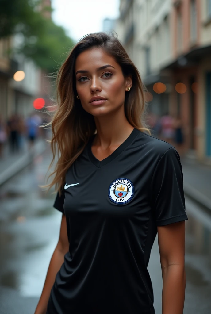 A Brazilian woman walking elegantly on a damp, mirrored street, wearing a black manchestercity shirt, with a close-up capturing the harmonious beauty between her breasts , showing off your natural charm and outgoing personality.