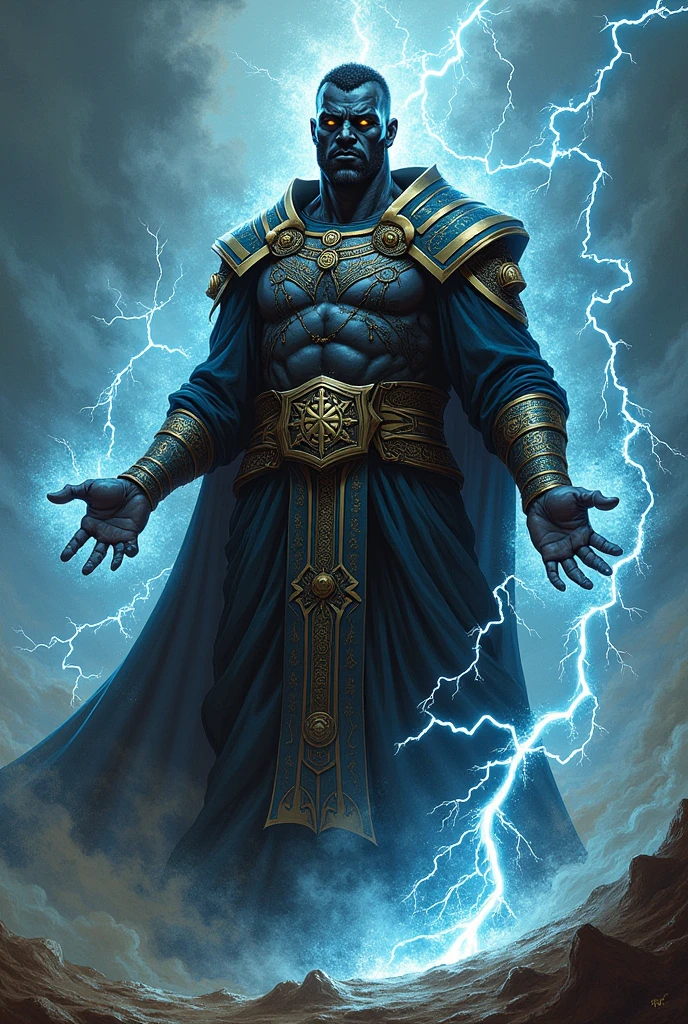 Priest with black skin tone with electric powers with more drawing tone