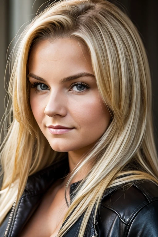Medium view, of young aged, 16 year old, mom, gilf, milf, face portrait, chubby, long blond hair, styled hair, tight silk leather jacket, in berlin 