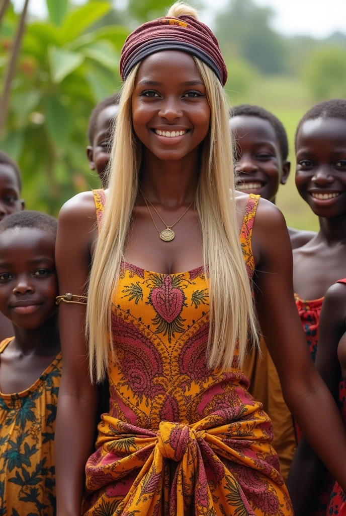 Create a realistic image of a 20 year old woman, long blond hair, blue eyes, cheekbones, ((whole body)), dressed in African attire, in Senegal, African children around her, she smiles, image of background: African landscape, head to toe, full body, hyper realistic photo