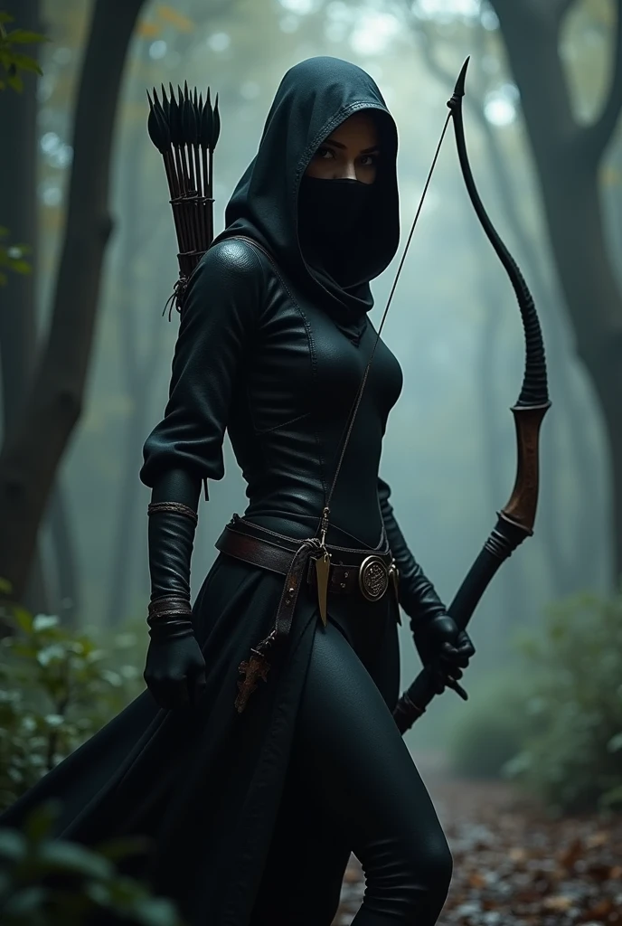 A ninja archer elf, in black , with a pocket knife