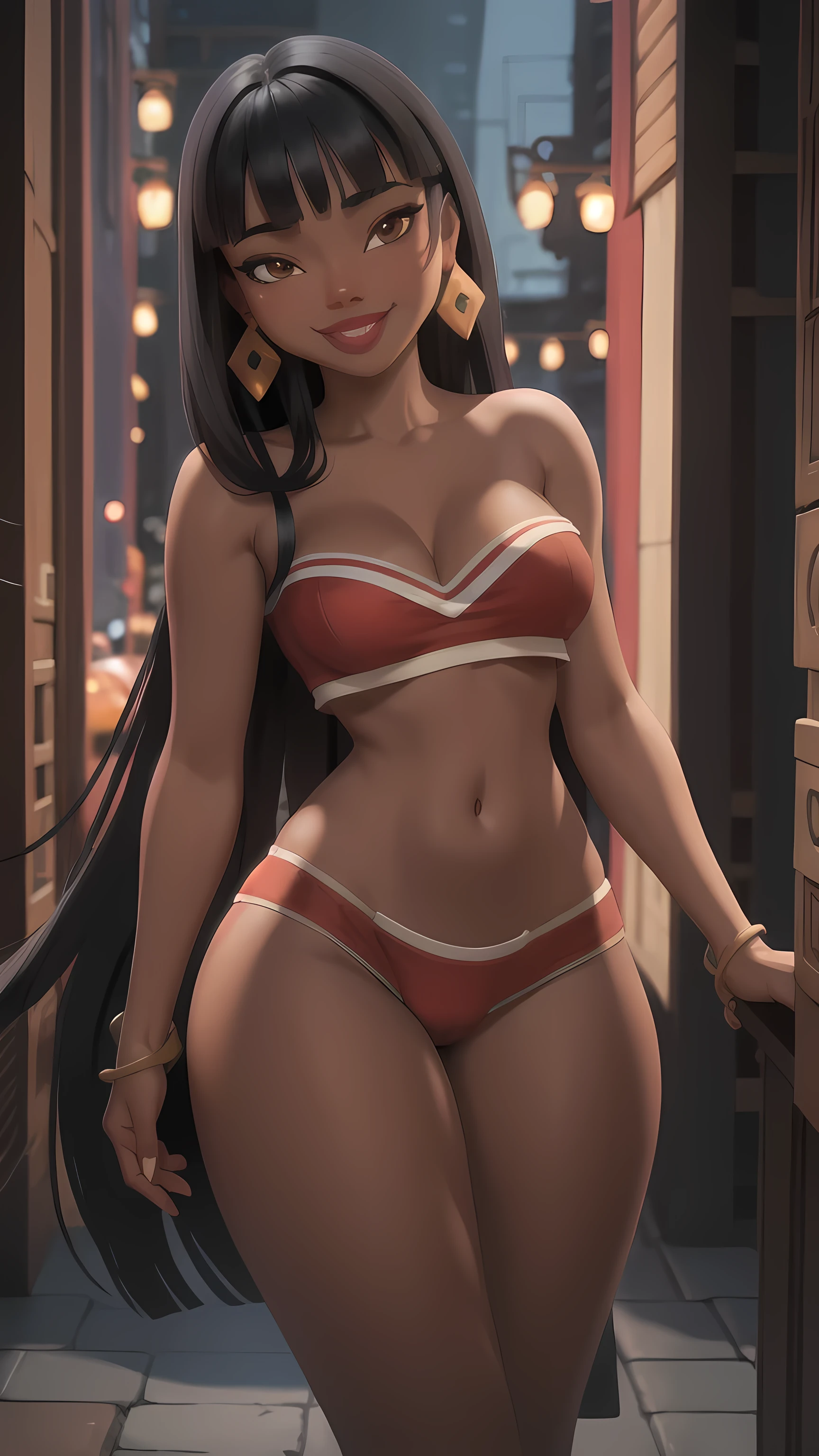 masterpiece, best quality, 1girl, chel, black hair, long hair, blunt bangs, brown eyes, dark skin, lipstick, cleavage, bare shoulders, earrings, smile, upper body, solo, looking at viewer, market background, red lingerie, (RED LINGERIE)
