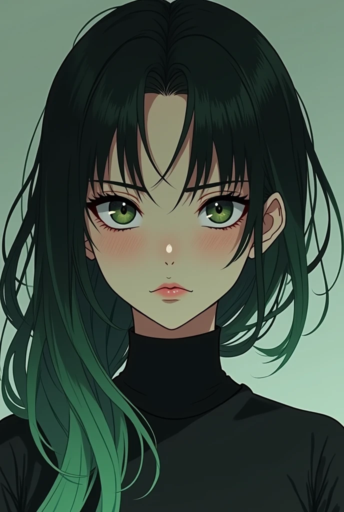 Make an image of Billie Eilish in anime with a more serious face 