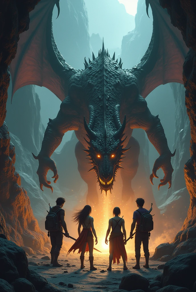 4 young people, 2 men and 2 women. Facing an old dragon in a cave 